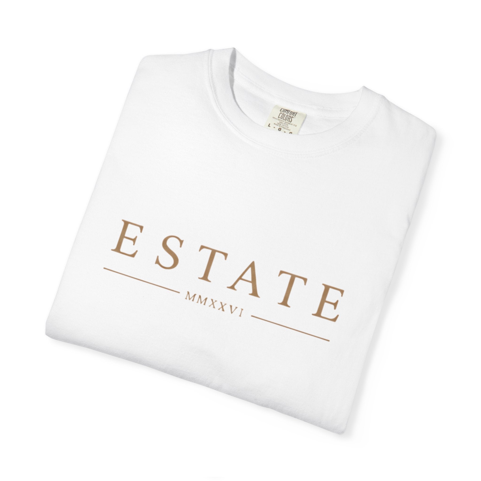 Estate Minimalist T-Shirt — 'ESTATE' Gold Script Graphic Tee